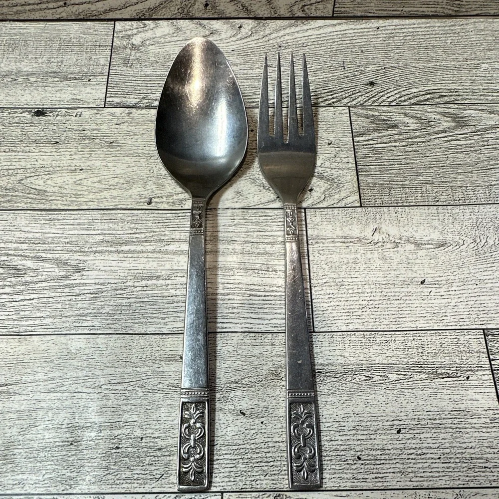 NvisionCraft Stainless Steel Fork & Spoon Floral Handle Silver Glossy Vintage